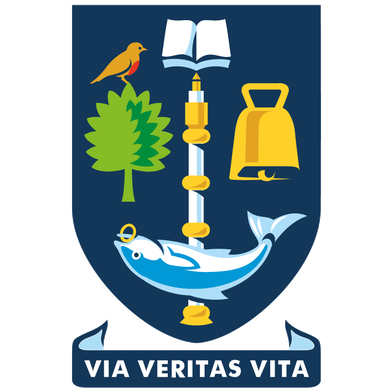 The University of Glasgow crest - blue with a bird, tree, book, bell and fish
